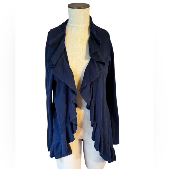 Lilly Pulitzer Navy Blue Cascade Open Front Shirley Ruffle Knit Cardigan Sz M - Picture 1 of 9
